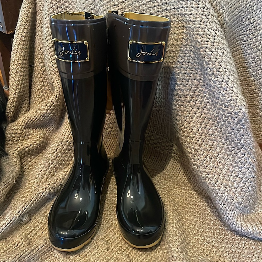 Joules Evedon Black Pull On Tall Rain Boots Bow Back Women's Sz 7